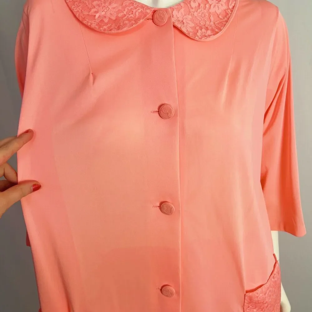 Vintage 1960s Shadowline Peach Pink Button Up Nightgown Peter Pan Collar Size M - Picture 7 of 8